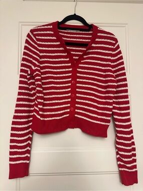 Abercrombie & Fitch Red and White Striped Button-Up Cardigan